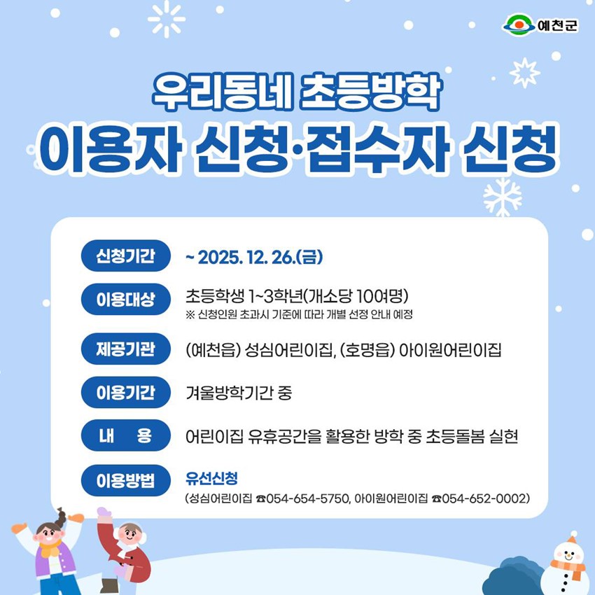 우리동네 초등방학 이용자 신청·접수자 신청 신청기간 : ~2025. 12. 26.(금) 이용대상 : 초등학생 1~3학년(개소당 10여명) ※신청인원 초과시 기준에 따라 개별 선정 안내 예정 제공기간 : (예천읍)성심어린이집, (호명읍)아이원어린이집 이용기간 : 겨울방학기간 중 내용 : 어린이집 유휴공간을 활용한 방학 중 초등돌봄 실현 이용방법 : 유선신청 (성심어린이집 054-654-5750, 아이원어린이집 054-652-0002)